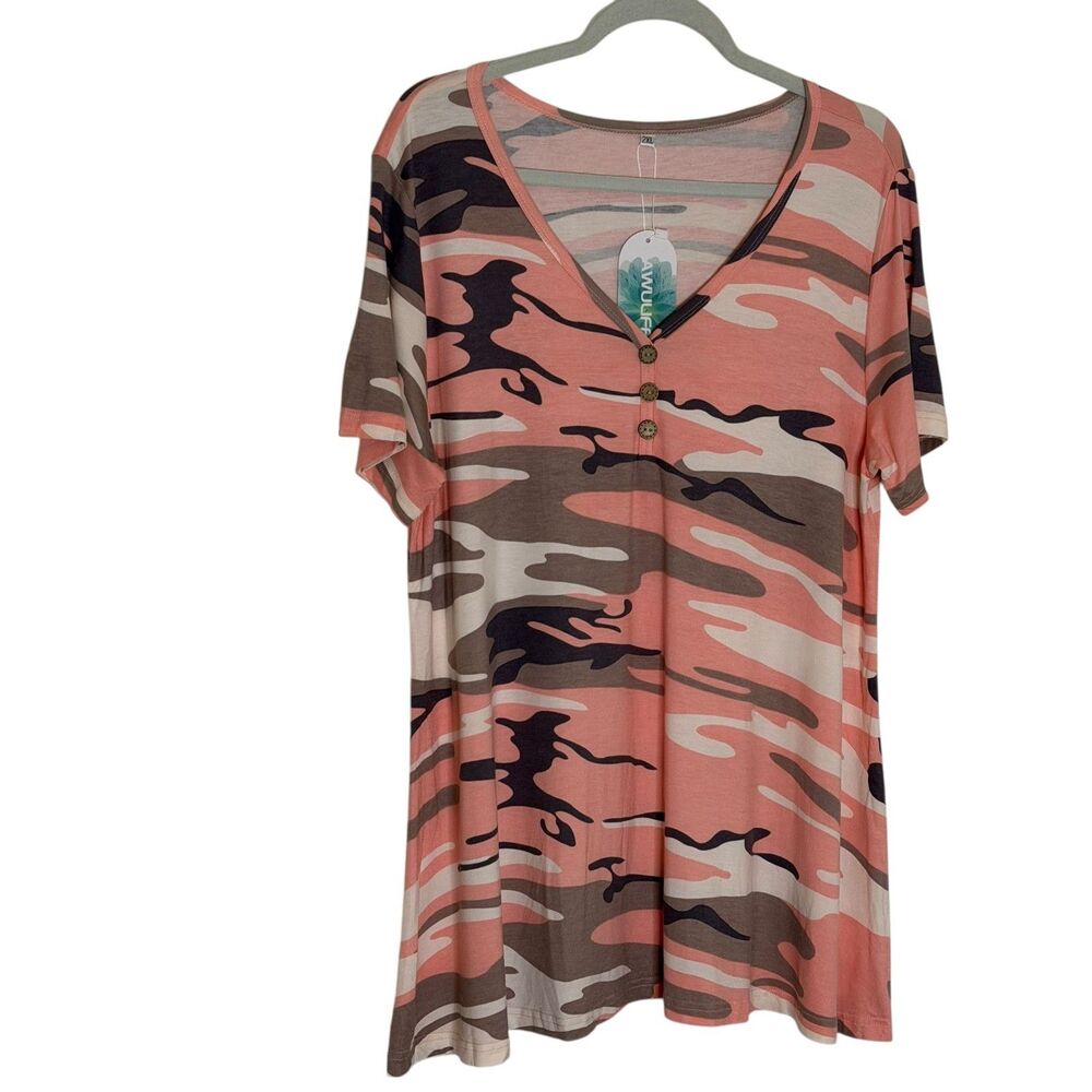 Awuliffan Henley T Shirt Knit Top Blouse Camo Peach Brown Gray 2XL NWT